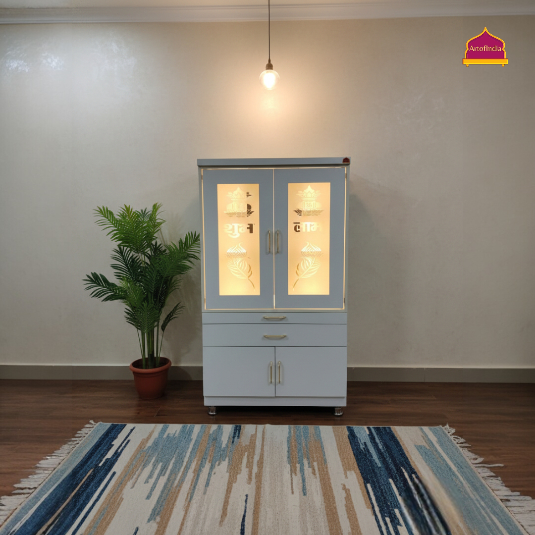ARTOFINDIA White Wooden Pooja Mandir With Mor Pankh Glass Design And Doors  With  Drawers Included Tray