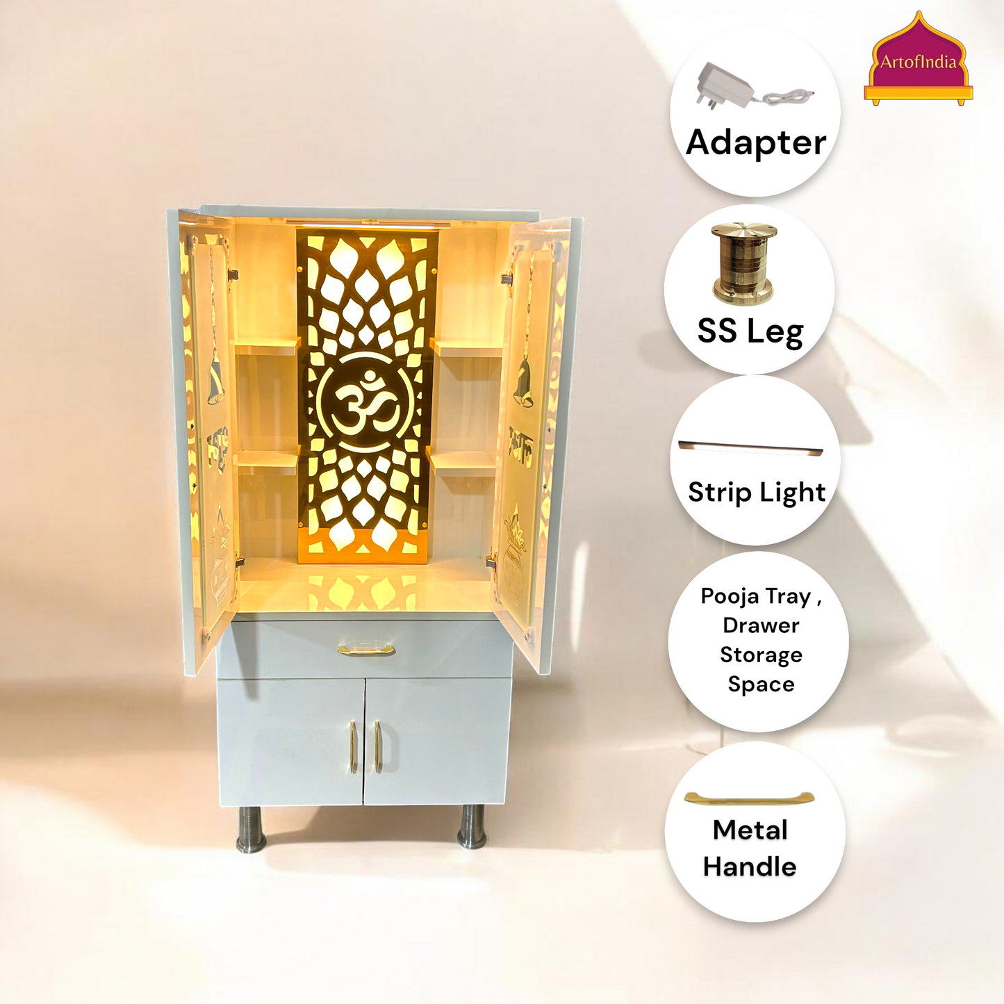 ARTOFINDIA White  Wooden Pooja Mandir  With Om Jali With Door And Drawers Including Tray
