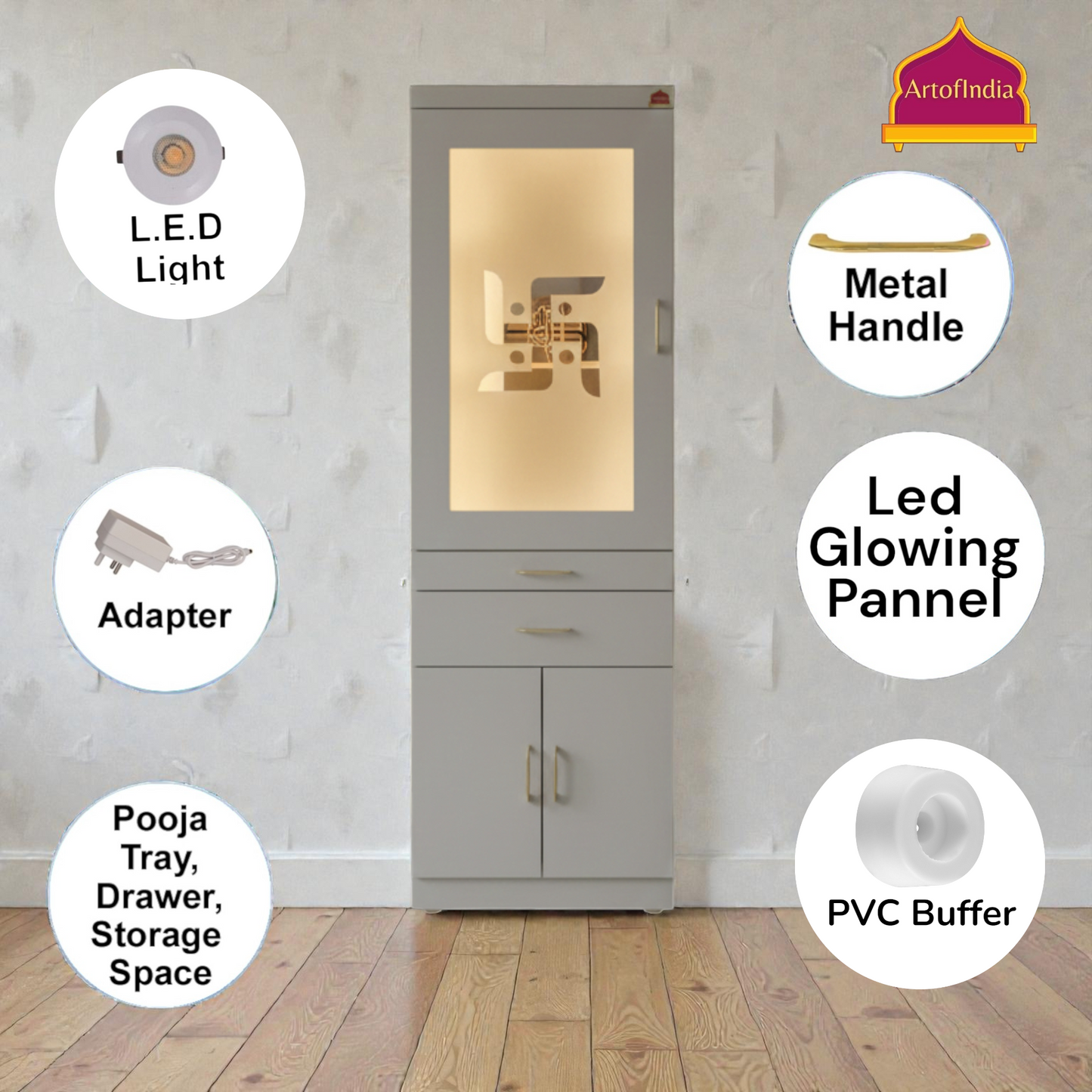 ARTOFINDIA White Wooden Pooja Mandir With Jain Glass And Doors  With  Drawers Included Tray