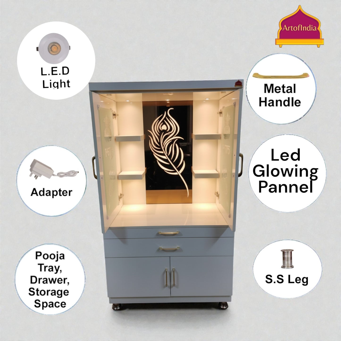 ARTOFINDIA White Wooden Pooja Mandir With Mor Pankh Glass Design And Doors  With  Drawers Included Tray