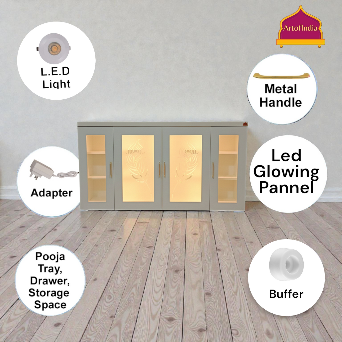 ARTOFINDIA White Wooden Pooja Mandir With Mor Pankh  Design Glass  and Drawers Included Tray