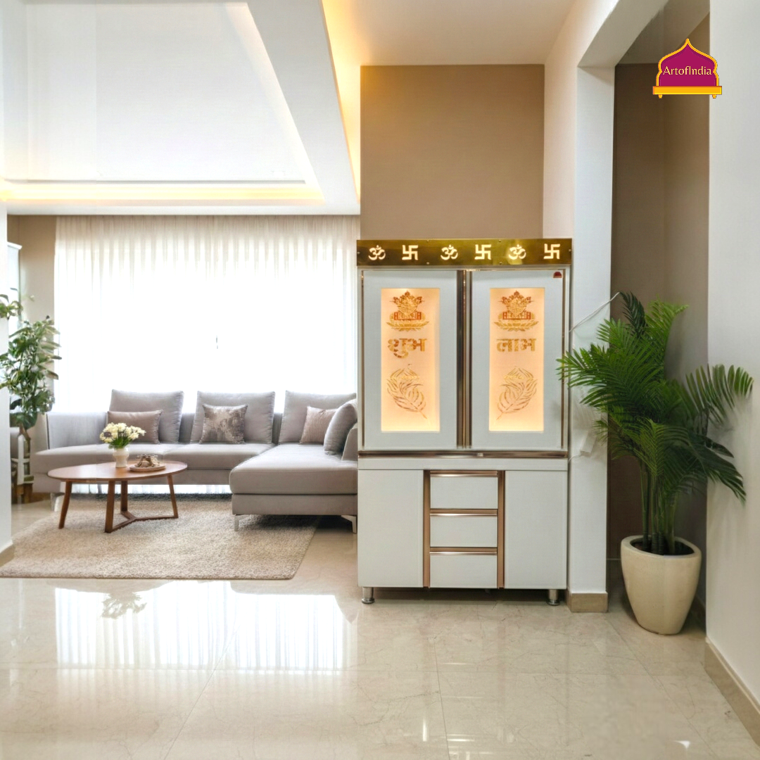 ARTOFINDIA White Wooden Pooja Mandir With Om Glass  Design And Doors  With  Drawers Included Tray