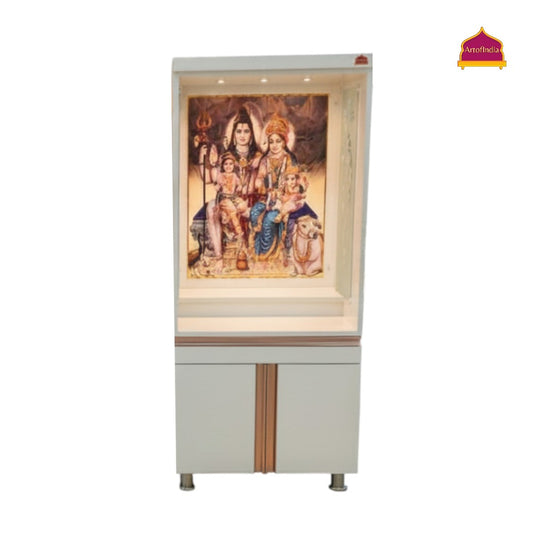 ARTOFINDIA White Wooden Corian Pooja Mandir With Shiv Pariver Design And Doors With  Drawers Included Tray