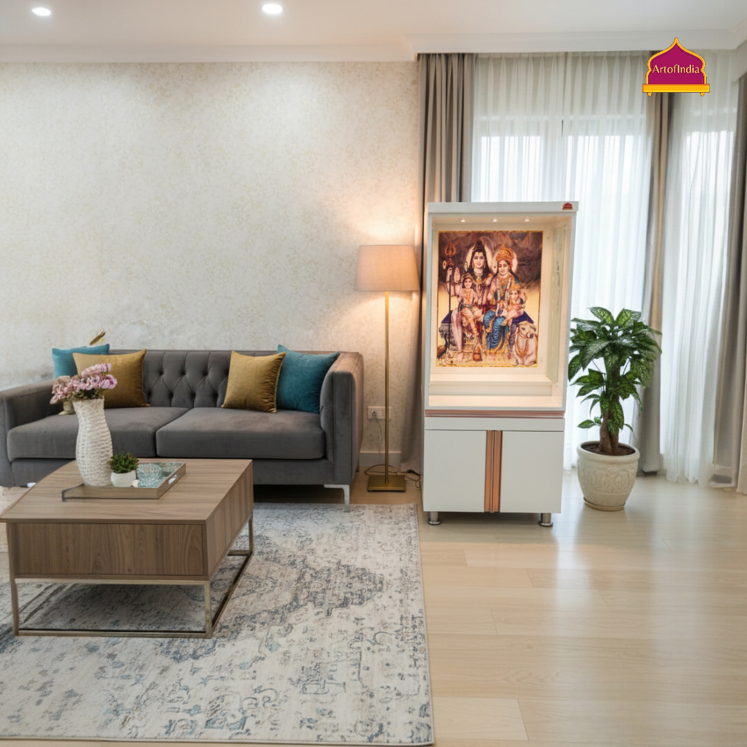 ARTOFINDIA White Wooden Corian Pooja Mandir With Shiv Pariver Design And Doors With  Drawers Included Tray