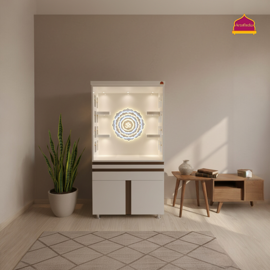ARTOFINDIA White Wooden Pooja Mandir With Om Design  With  Drawers Included Tray