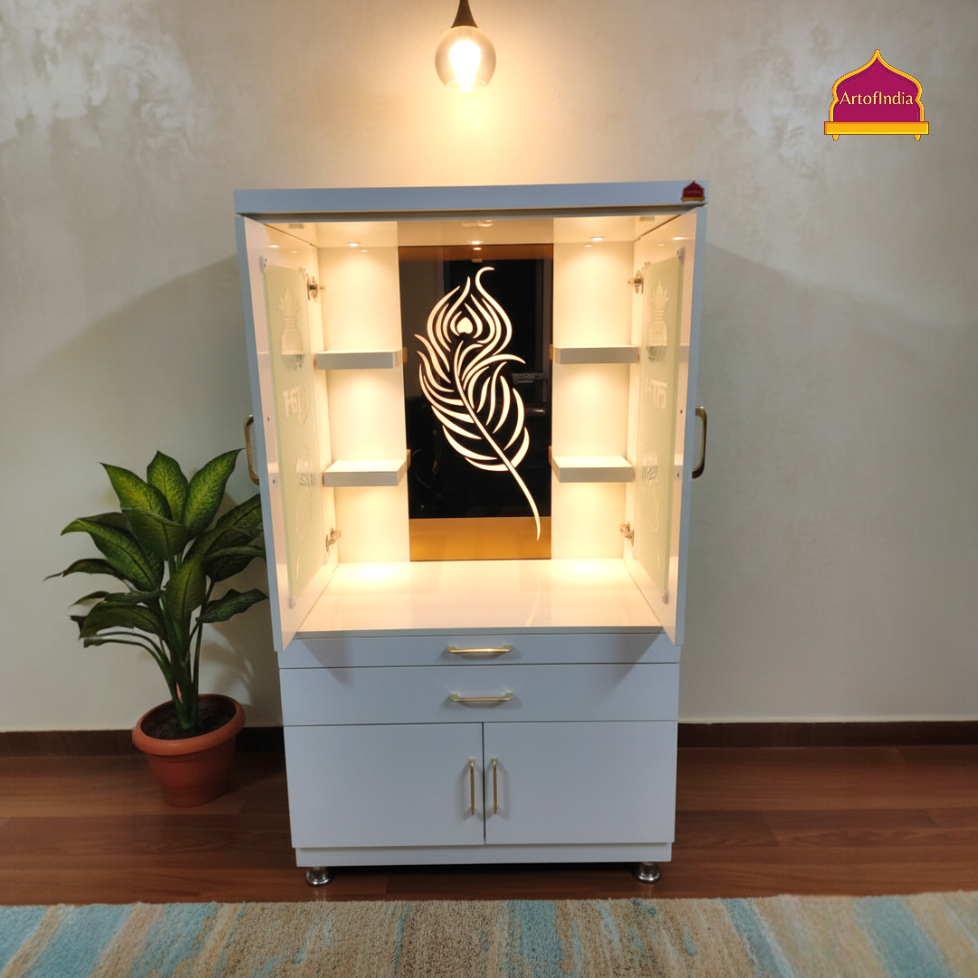 ARTOFINDIA White Wooden Pooja Mandir With Mor Pankh Glass Design And Doors  With  Drawers Included Tray