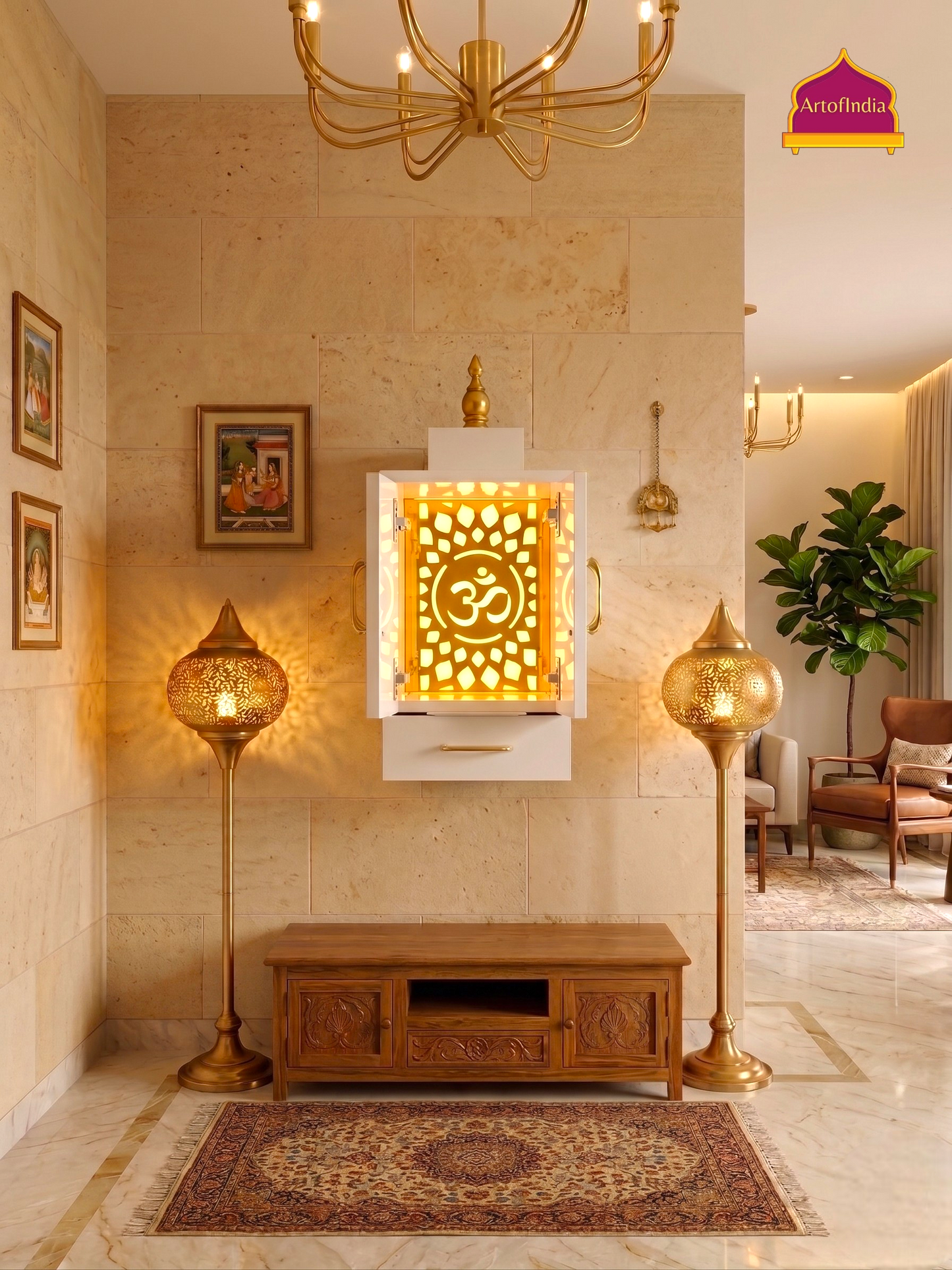 ARTOFINDIA Beautiful White Designer Wooden Mandir With  Doors  For Home/ Designer Temple
