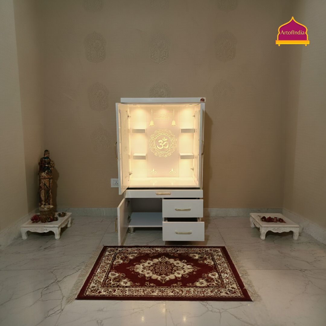 ARTOFINDIA White Wooden Pooja Mandir With Om Design Glass and Doors With  Drawers Included Tray