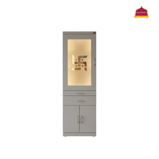 ARTOFINDIA White Wooden Pooja Mandir With Jain Glass And Doors  With  Drawers Included Tray
