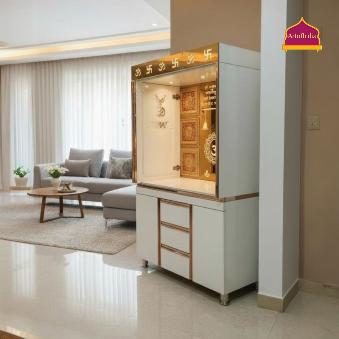 ARTOFINDIA White Wooden Pooja Mandir With Om Glass  Design And Doors  With  Drawers Included Tray