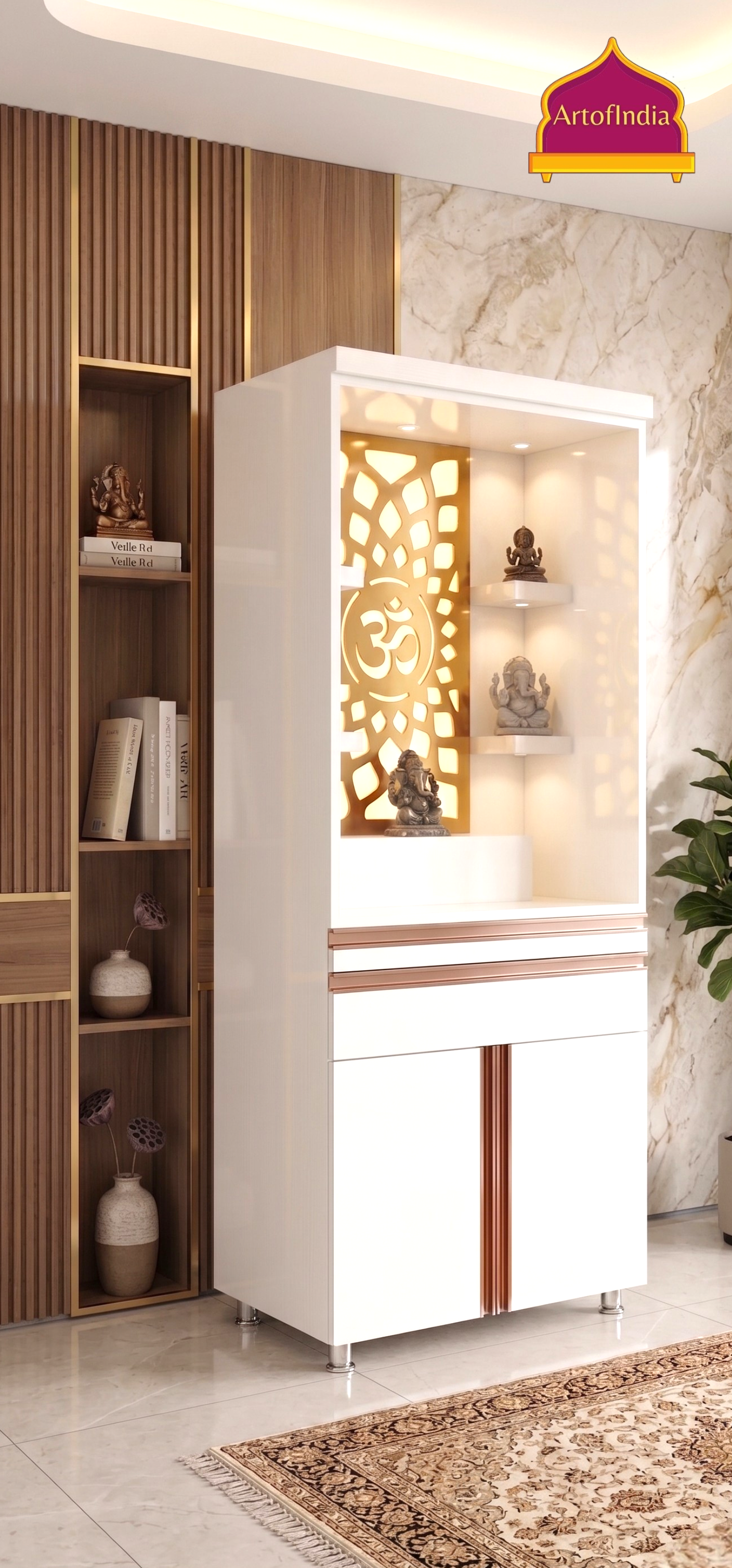 ARTOFINDIA/Gorgeous White Designer Wooden Mandir With (Front) Om Jali & Profile For Home/Designer Temple