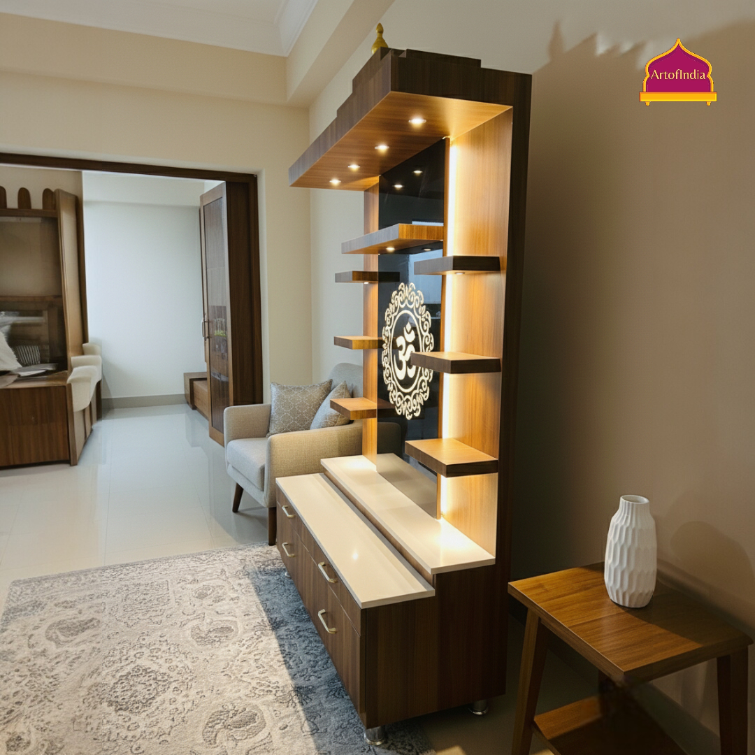 ARTOFINDIA Brown Wooden Pooja Mandir With Om Design Glass With  Drawers Included Tray