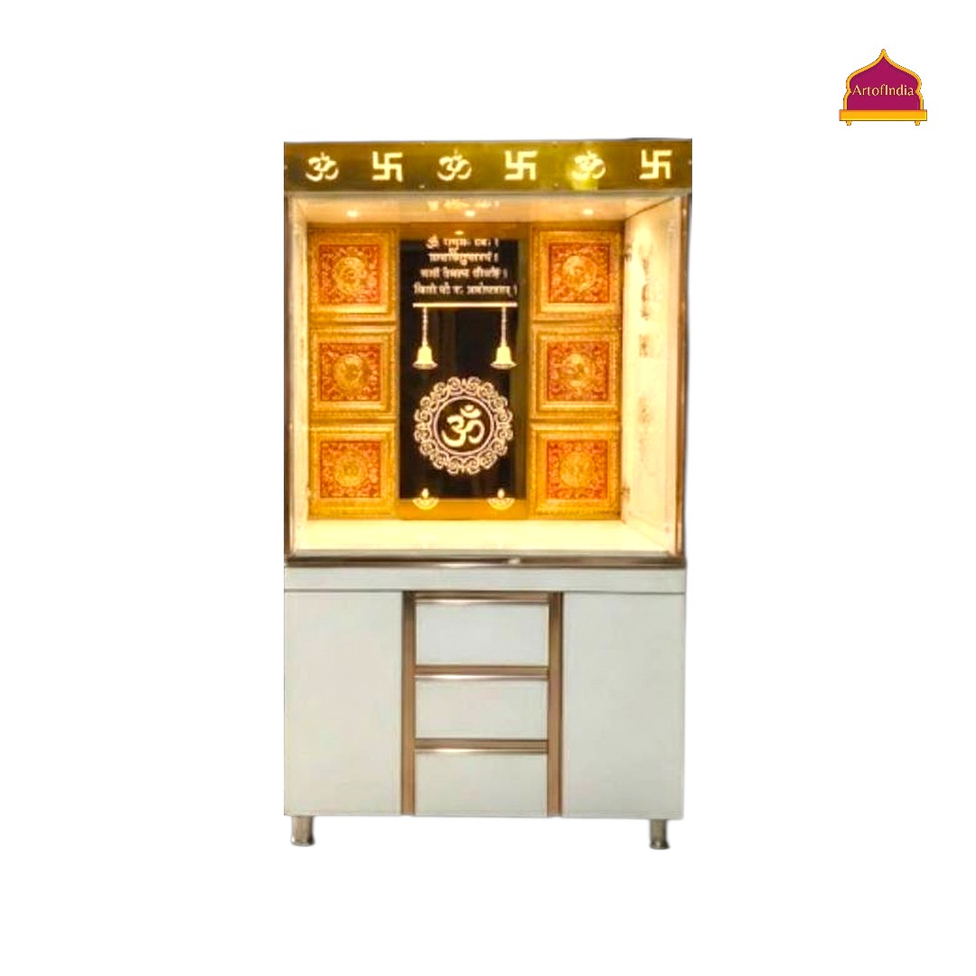 ARTOFINDIA White Wooden Pooja Mandir With Om Glass  Design And Doors  With  Drawers Included Tray