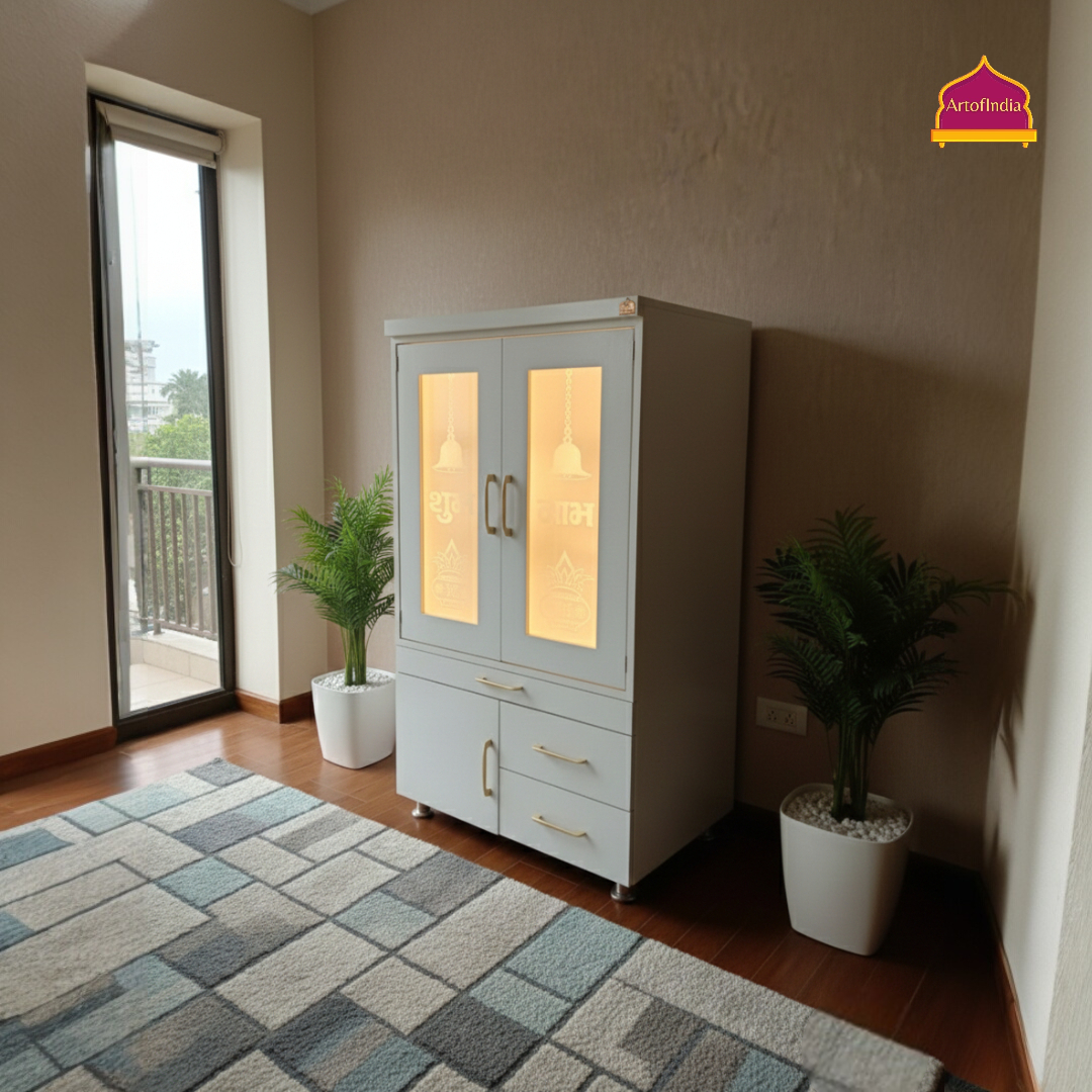 ARTOFINDIA White Wooden Pooja Mandir With Om Design Glass and Doors With  Drawers Included Tray