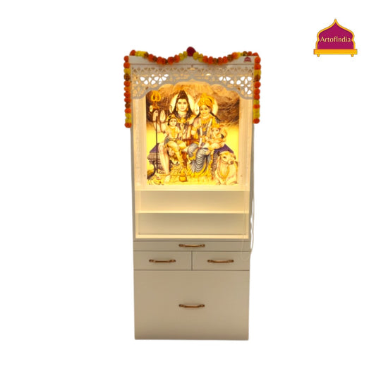 ARTOFINDIA White  Wooden Pooja Mandir With Om Shiv Parivar Design Corian Mandir  With Sitting Stool And Drawers Included Tray