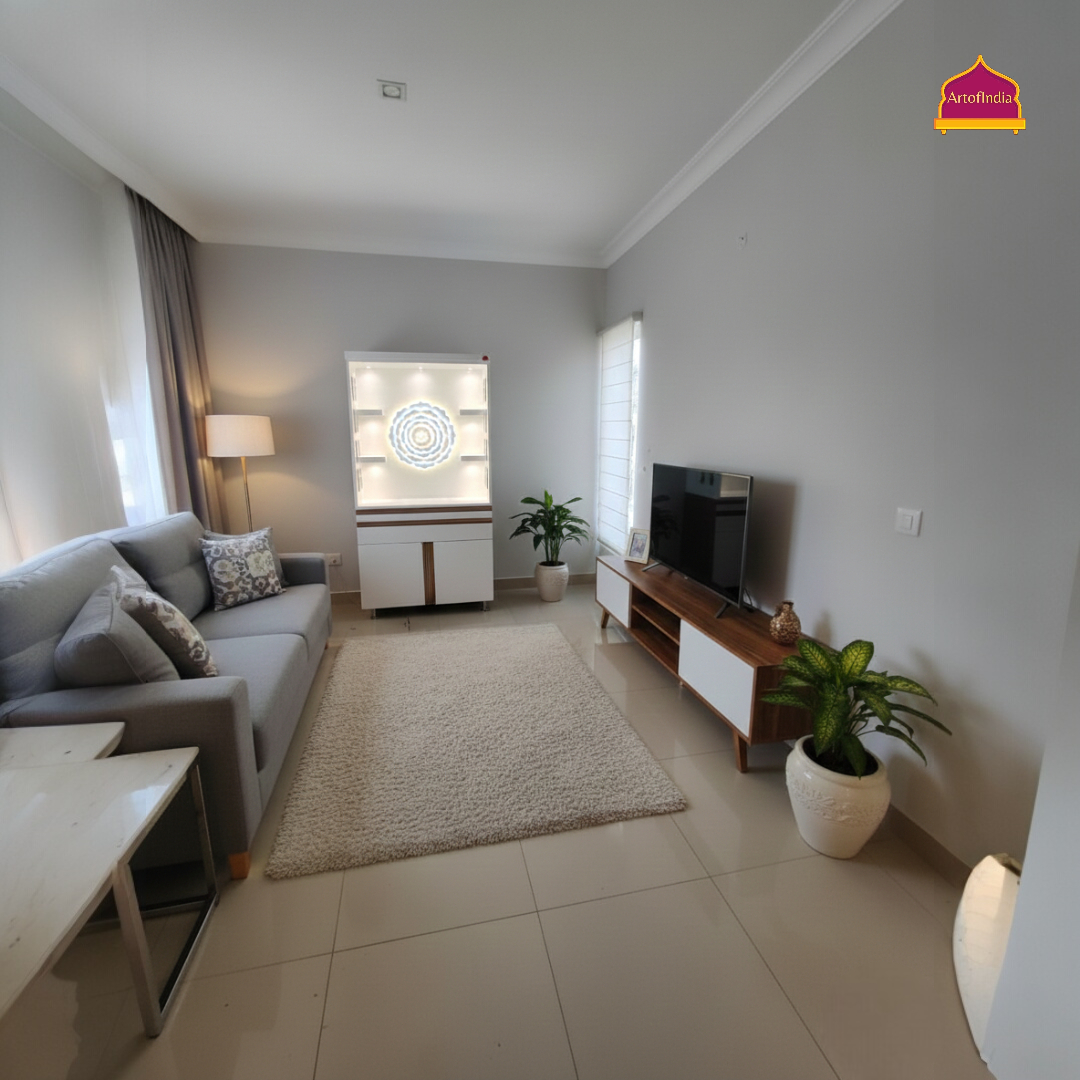 ARTOFINDIA White Wooden Pooja Mandir With Om Design  With  Drawers Included Tray