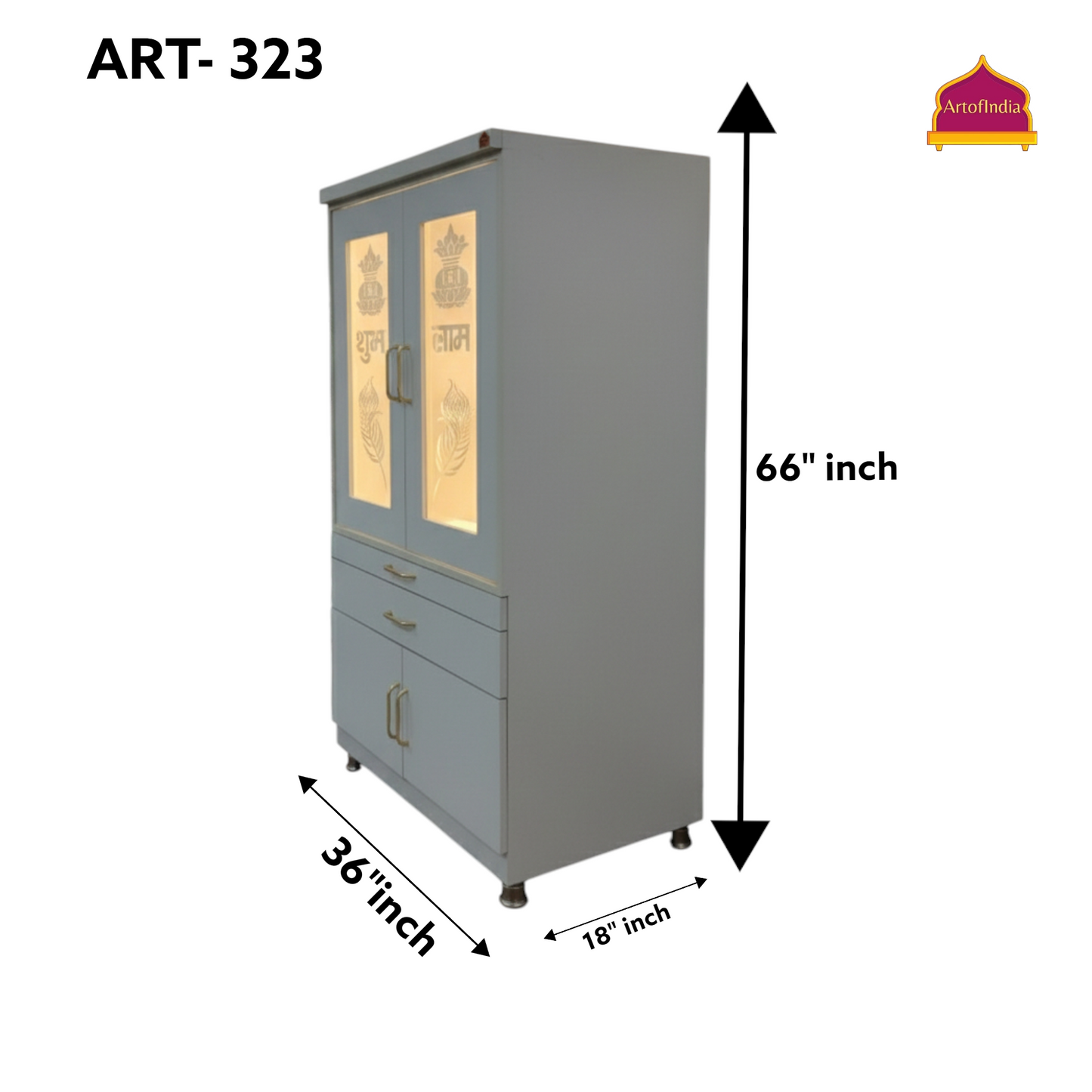 ARTOFINDIA White Wooden Pooja Mandir With Mor Pankh Glass Design And Doors  With  Drawers Included Tray