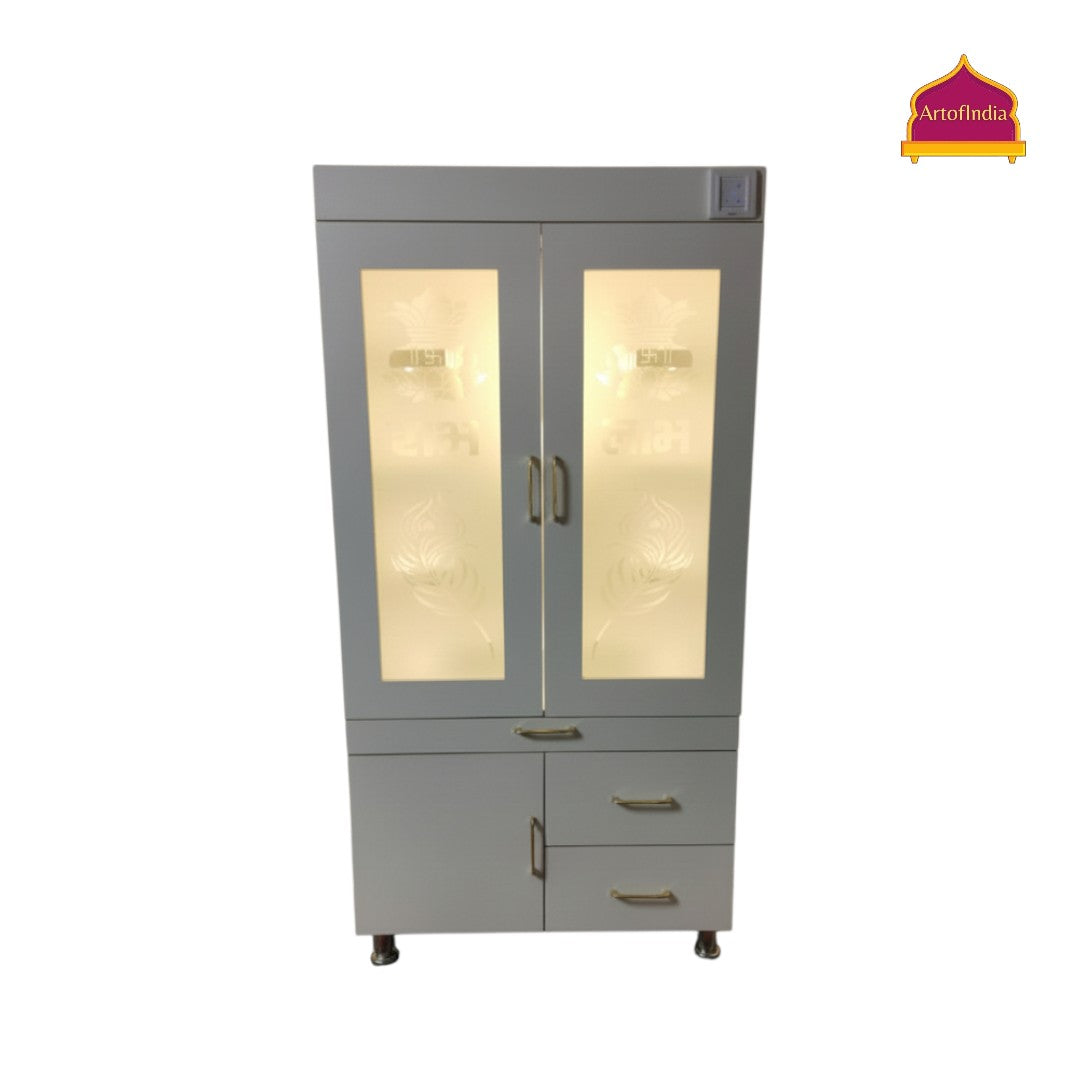 ARTOFINDIA White Wooden Pooja Mandir With OM Design  And Doors  With  Drawers Included Tray