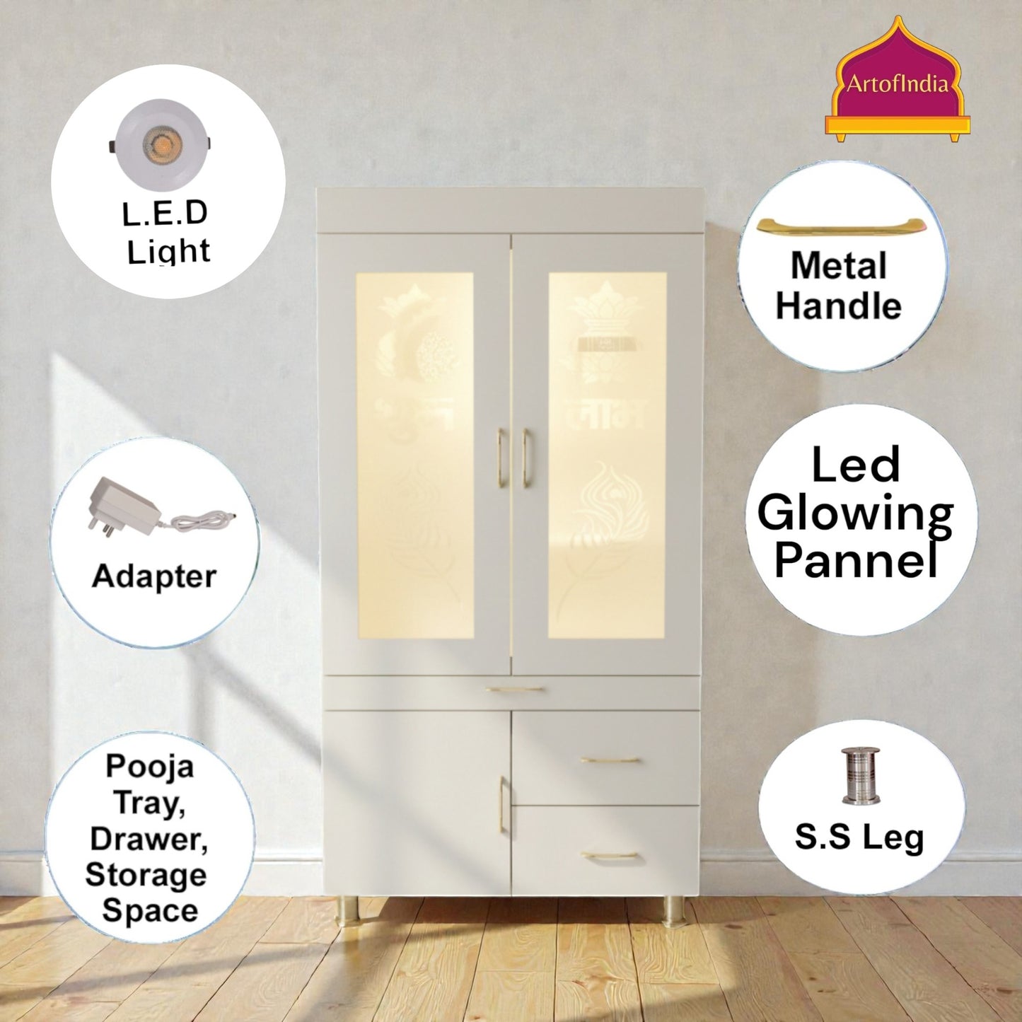 ARTOFINDIA White Wooden Pooja Mandir With OM Design  And Doors  With  Drawers Included Tray