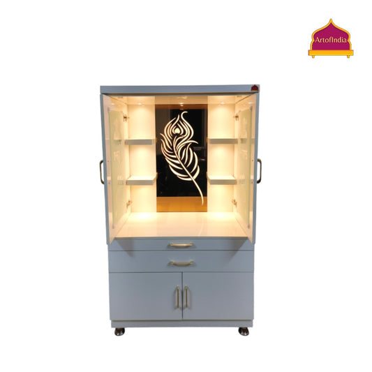 ARTOFINDIA White Wooden Pooja Mandir With Mor Pankh Glass Design And Doors  With  Drawers Included Tray