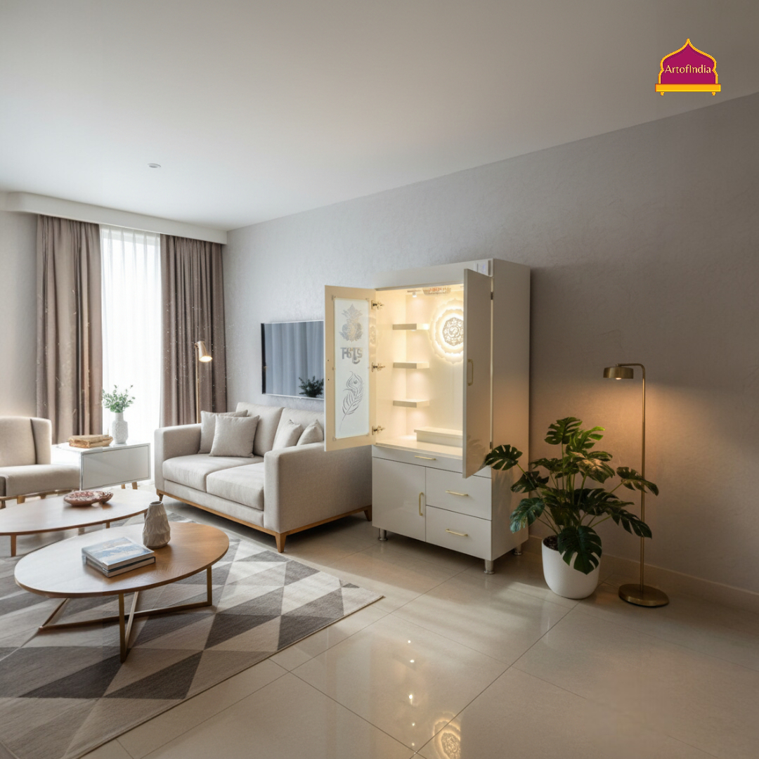 ARTOFINDIA White Wooden Pooja Mandir With OM Design  And Doors  With  Drawers Included Tray