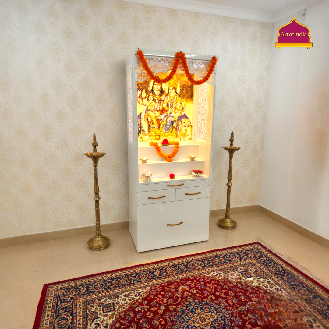 ARTOFINDIA White  Wooden Pooja Mandir With Om Shiv Parivar Design Corian Mandir  With Sitting Stool And Drawers Included Tray