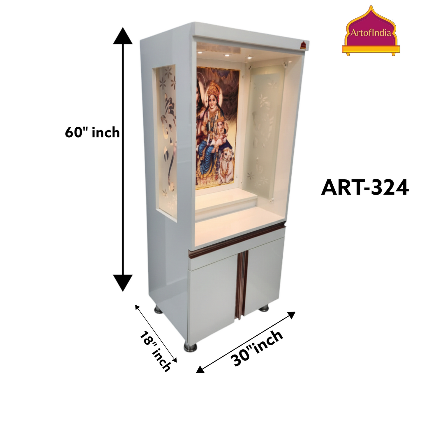 ARTOFINDIA White Wooden Corian Pooja Mandir With Shiv Pariver Design And Doors With  Drawers Included Tray