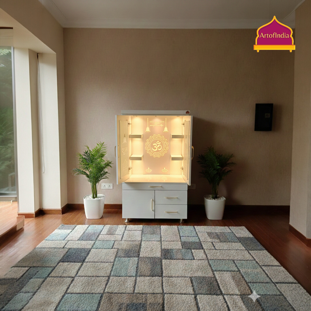 ARTOFINDIA White Wooden Pooja Mandir With Om Design Glass and Doors With  Drawers Included Tray