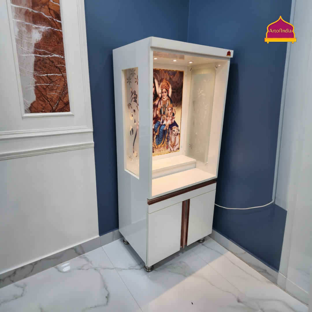 ARTOFINDIA White Wooden Corian Pooja Mandir With Shiv Pariver Design And Doors With  Drawers Included Tray