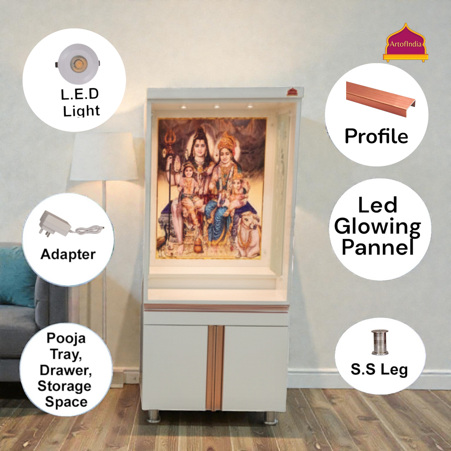 ARTOFINDIA White Wooden Corian Pooja Mandir With Shiv Pariver Design And Doors With  Drawers Included Tray