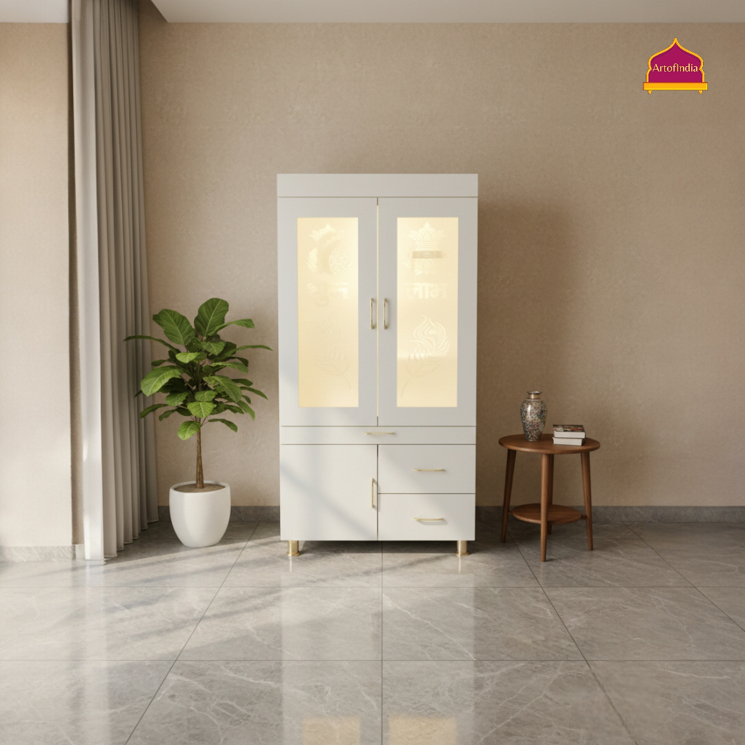 ARTOFINDIA White Wooden Pooja Mandir With OM Design  And Doors  With  Drawers Included Tray