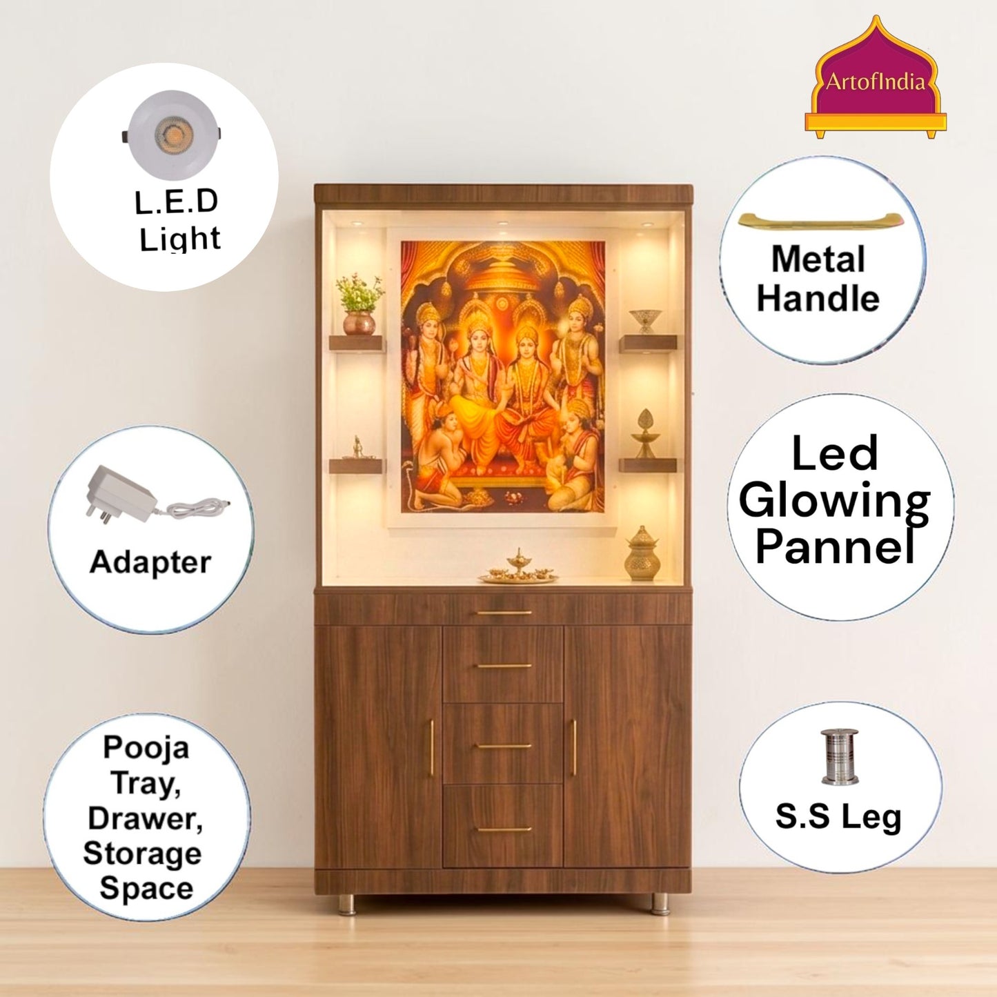 ARTOFINDIA White Brown Wooden Pooja Mandir  With Ram DarWith Drawers Including Tray