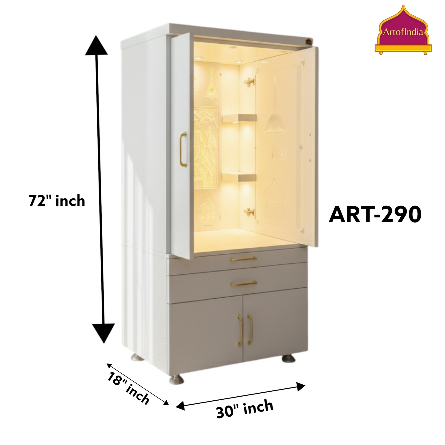 ARTOFINDIA White Wooden Pooja Mandir With  glass Door and Drawers Included Tray