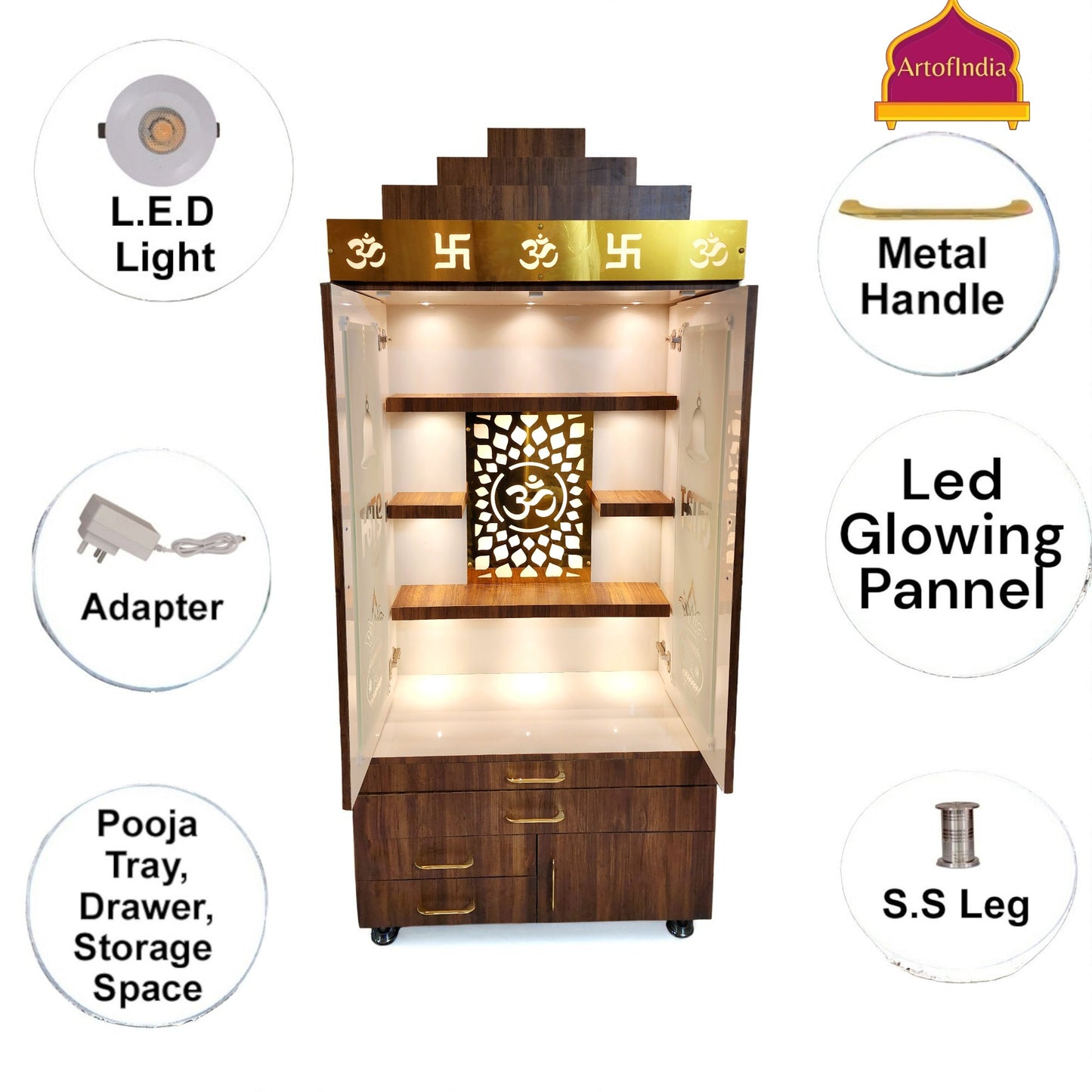 ARTOFINDIA BrownWooden Pooja Mandir  With glass door  & Gumbad  ,shelfs  and drawers & tray