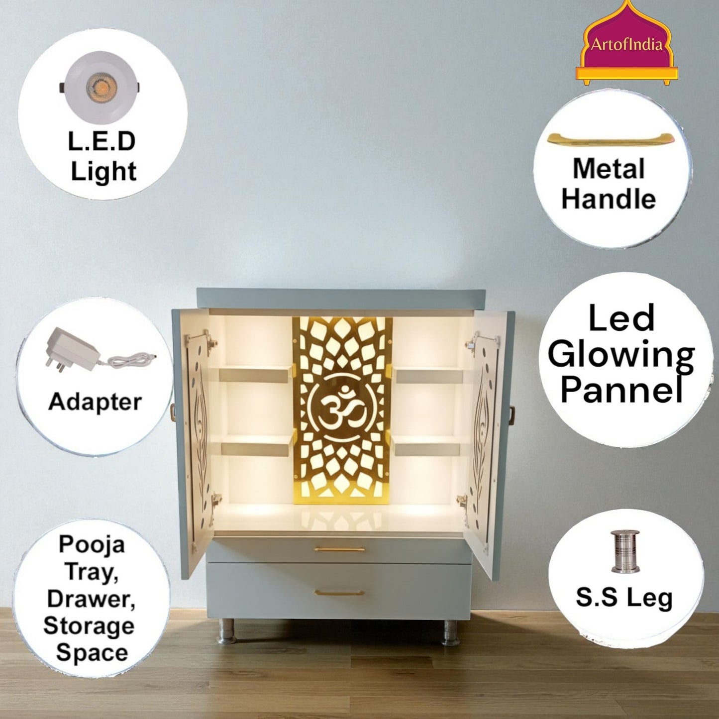 ARTOFINDIA White Wooden Pooja Mandir  Mor Pankh Doors ,Om jali  with shelfs  and drawers &tray