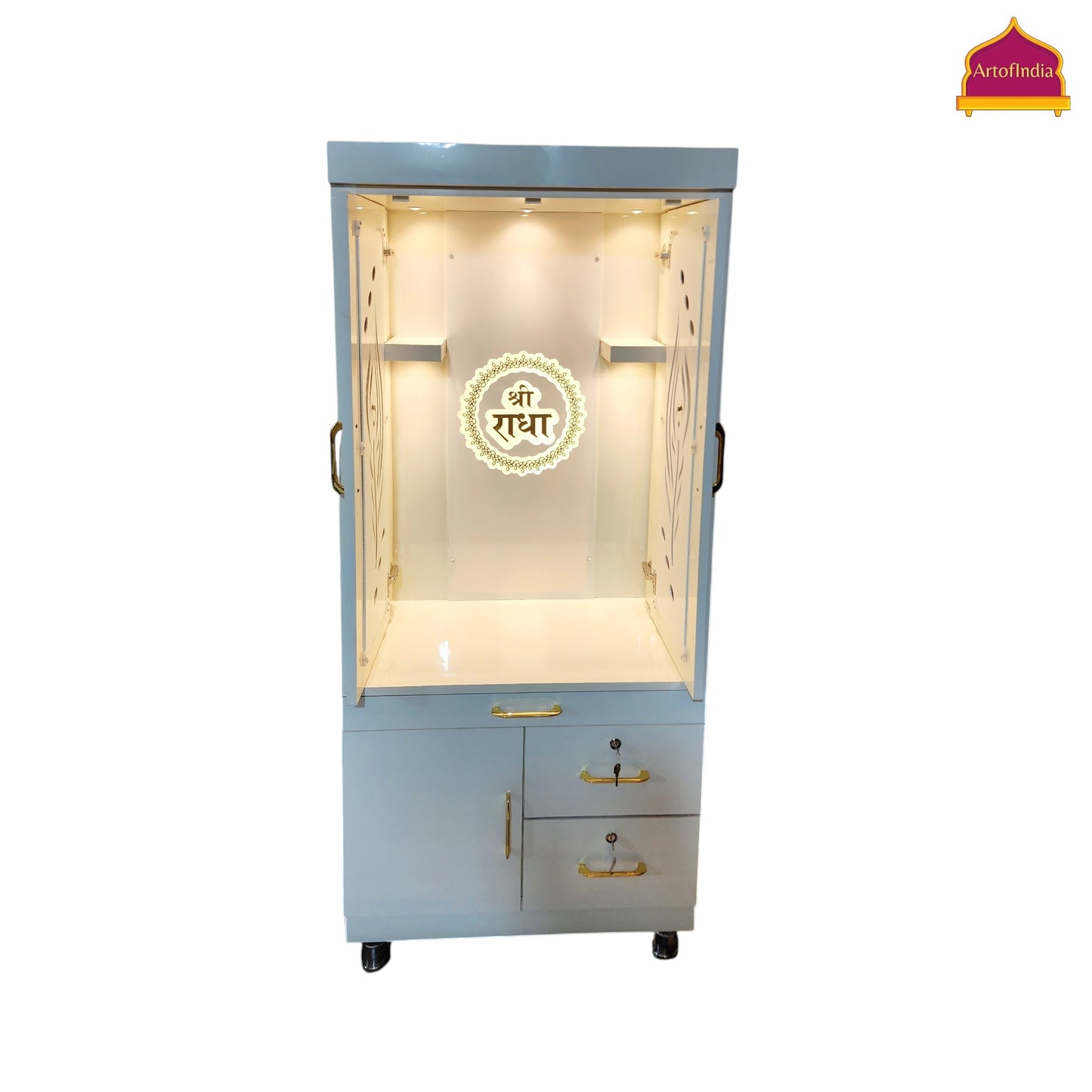 ARTOFINDIA White Wooden Pooja Mandir  With mor pankh door & Shri Radha Design with shelfs  and drawers & tray