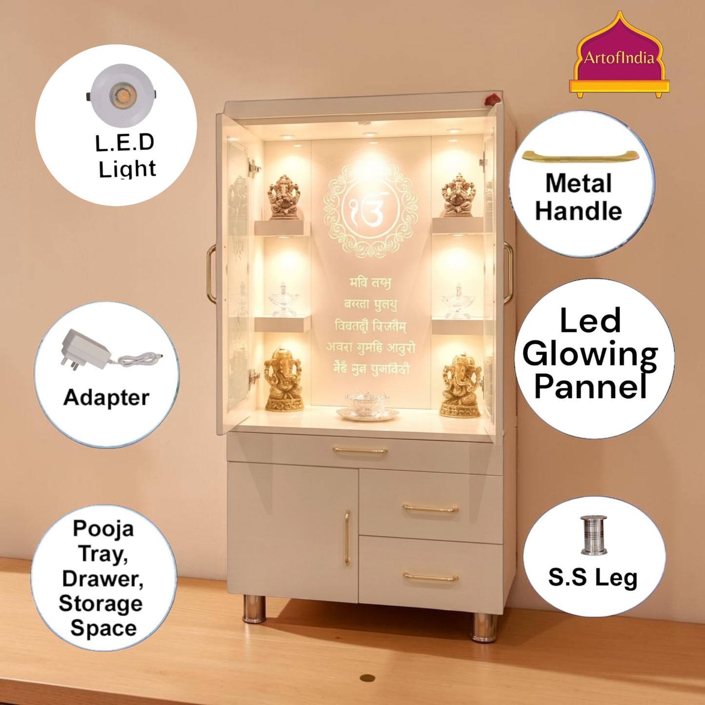 ARTOFINDIA White  Wooden Pooja Mandir  With Sikh Glass  With P. Doors And Drawers Including Tray