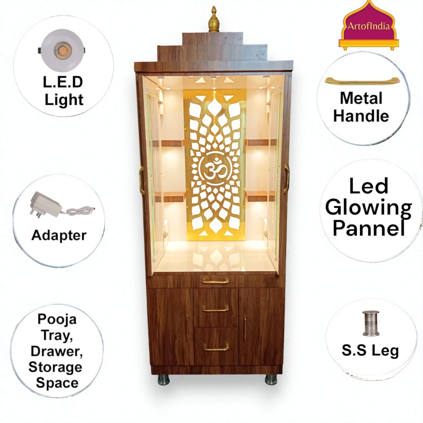 ARTOFINDIA White  Wooden Pooja Mandir With Gumbad & Om jali  with shelfs  and drawers &tray