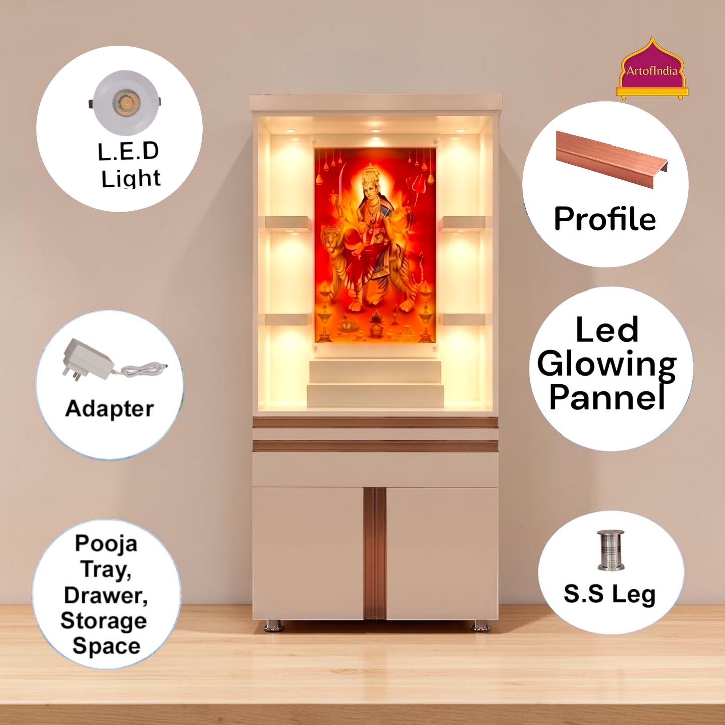 ARTOFINDIA White Wooden Pooja Mandir  With Mata JI  Colour Corian With Drawers Including Tray