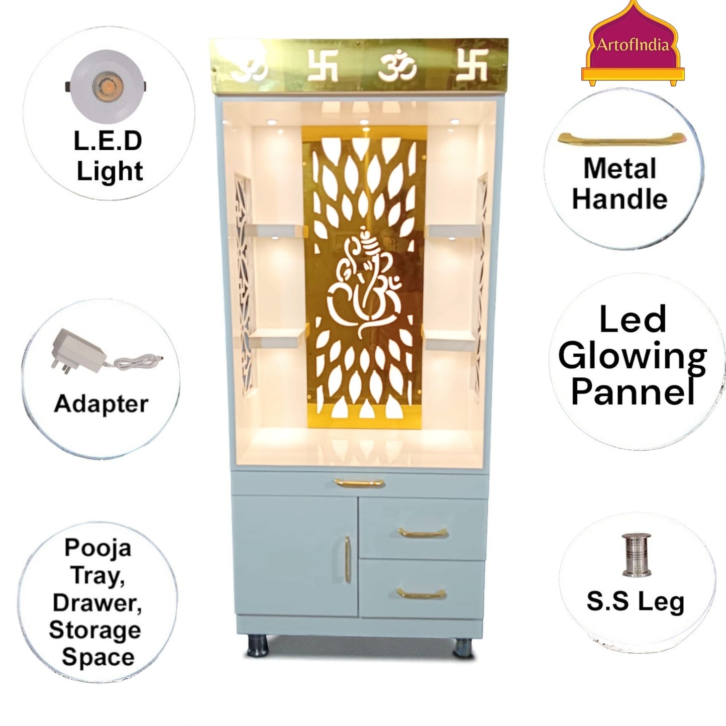 ARTOFINDIA White Wooden Pooja Mandir  ,Ganesha & side jali  with shelfs  and drawers & tray