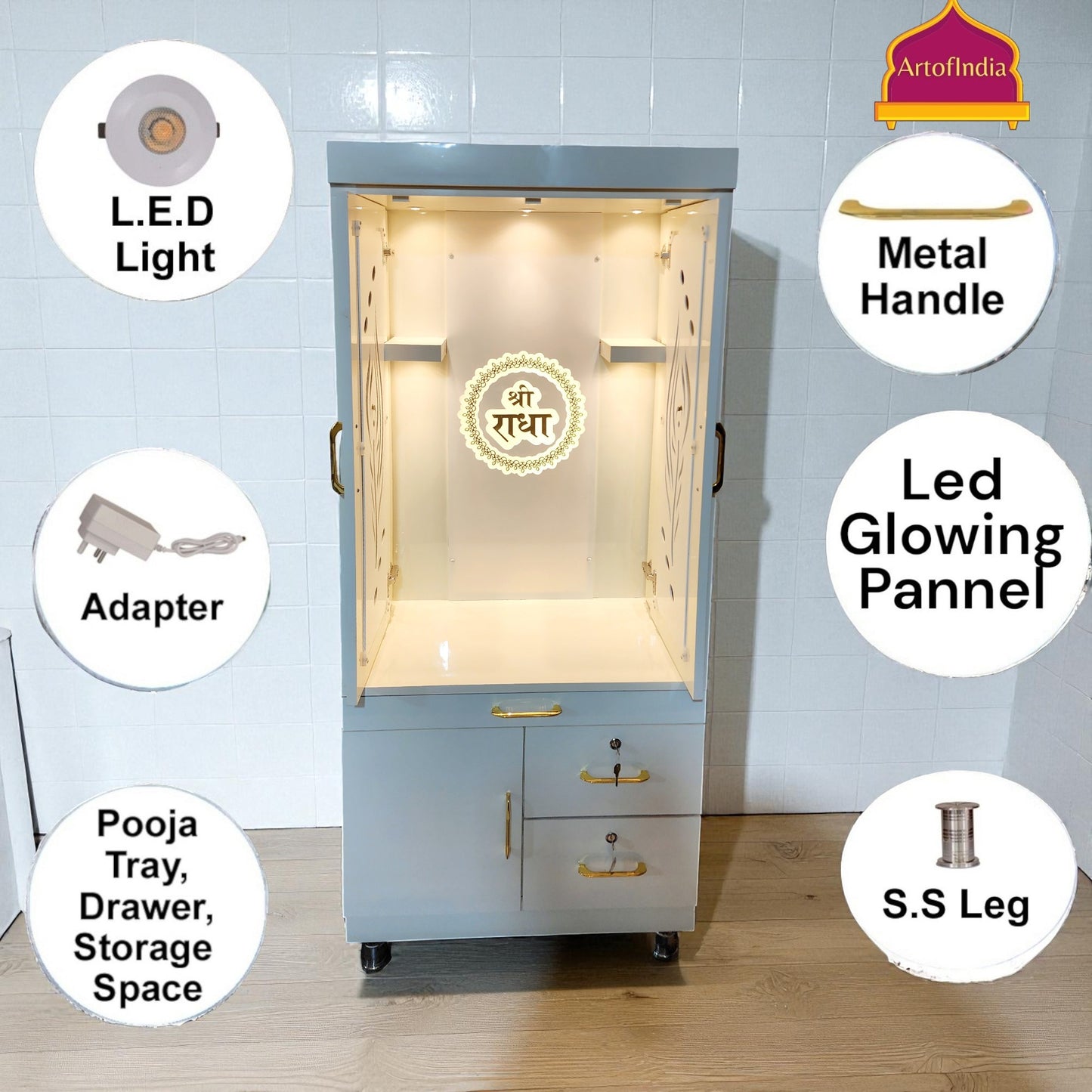 ARTOFINDIA White Wooden Pooja Mandir  With mor pankh door & Shri Radha Design with shelfs  and drawers & tray