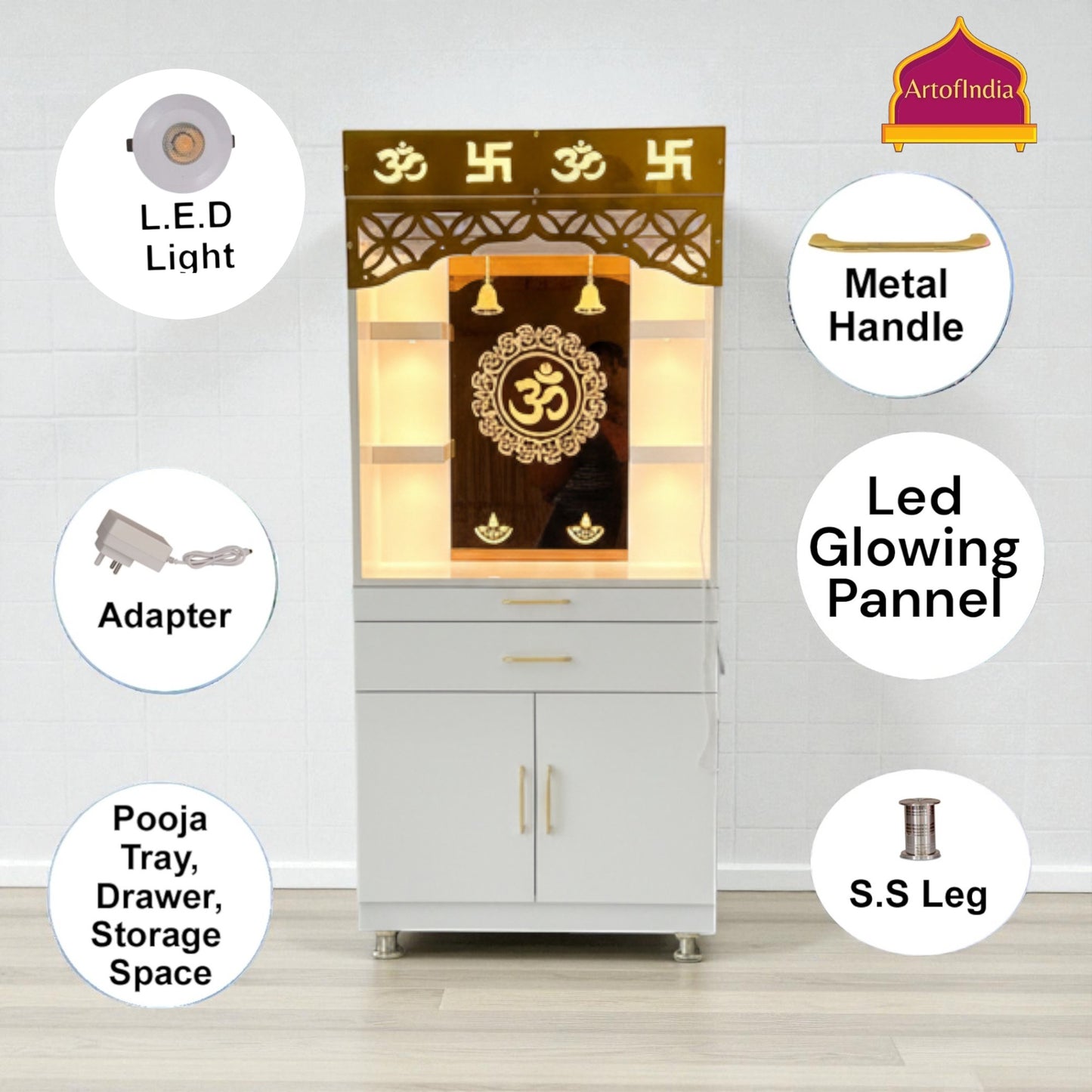 ARTOFINDIA White Wooden Pooja Mandir With Om Glass &  Glass Doors and Drawers Included Tray
