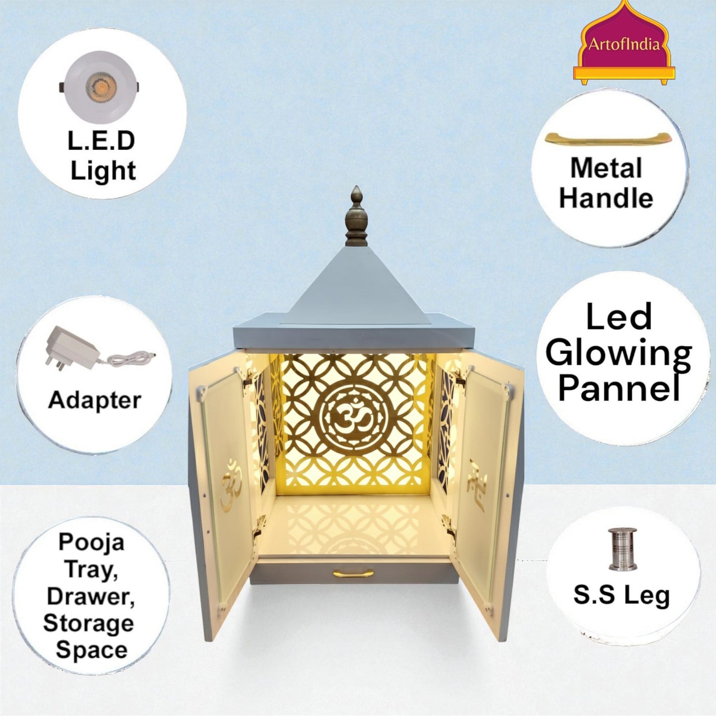 ARTOFINDIA White Wooden Pooja Mandir Normal Door  Om jali  With Foldable Gumbat