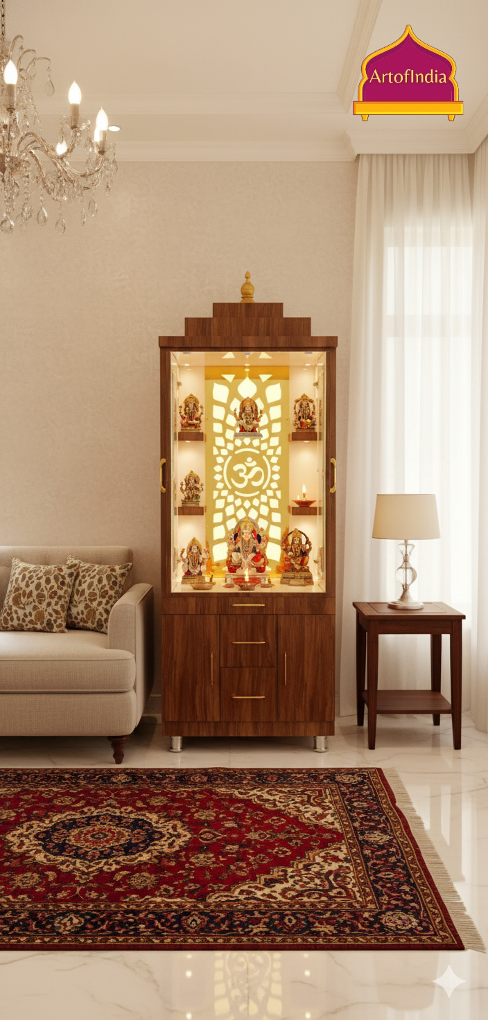 ARTOFINDIA White  Wooden Pooja Mandir With Gumbad & Om jali  with shelfs  and drawers &tray