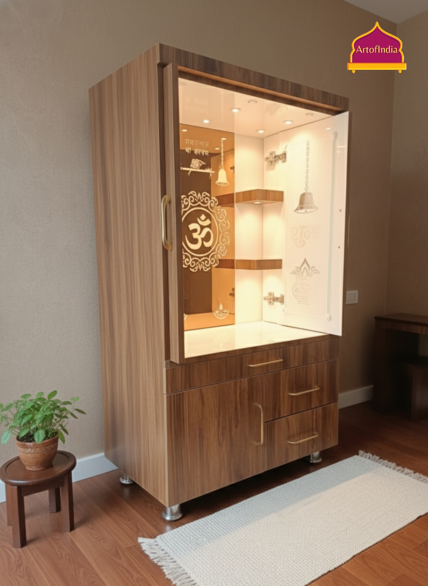 ARTOFINDIA White Brown Wooden Pooja Mandir With Om Glass & Glass Door  and Drawers Included Tray