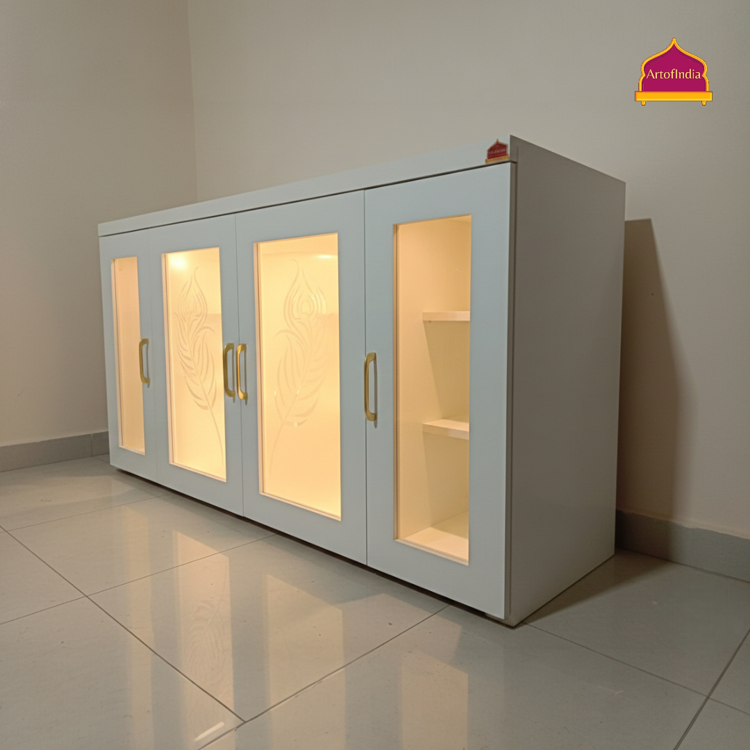 ARTOFINDIA White Wooden Pooja Mandir With Mor Pankh  Design Glass  and Drawers Included Tray