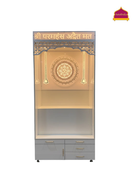 ARTOFINDIA White Wooden Pooja Mandir With Om Design & Step and Drawers Included Tray