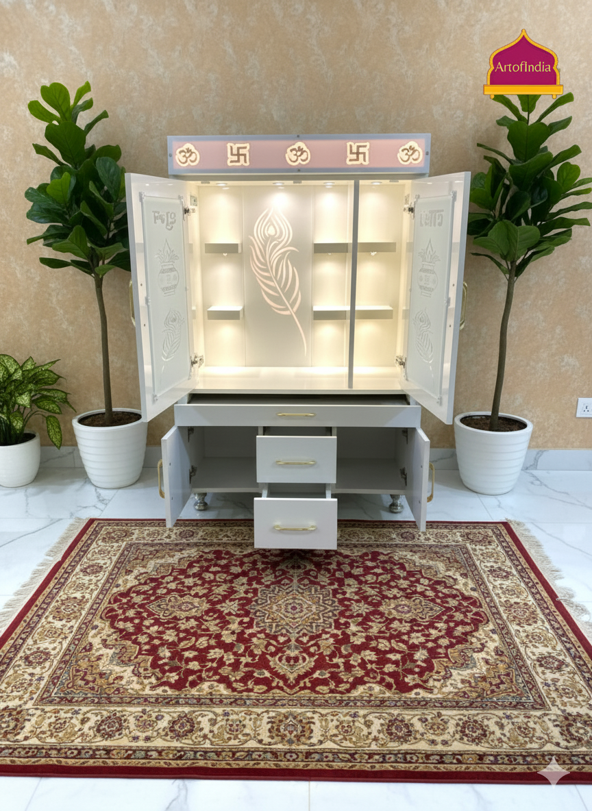 ARTOFINDIA White Wooden Pooja Mandir With  Mor Pankh Glass   &  and Drawers Included Tray