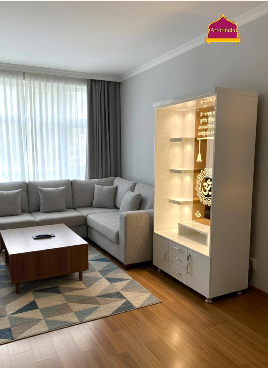 ARTOFINDIA White Wooden Pooja Mandir With Om Glass & and Drawers Included Tray