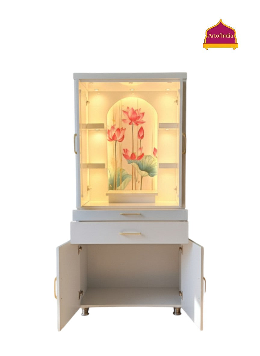 ARTOFINDIA White Wooden Pooja Mandir With Lotus Glass  Design &  Glass Doors and Drawers Included Tray